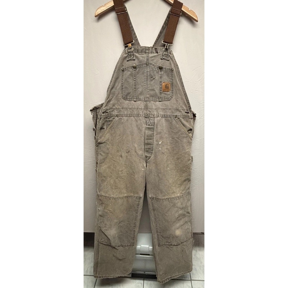 Carhartt Dungarees Overalls Bib Mens Gray Duck Canvas Double Vintage 36x30 R06